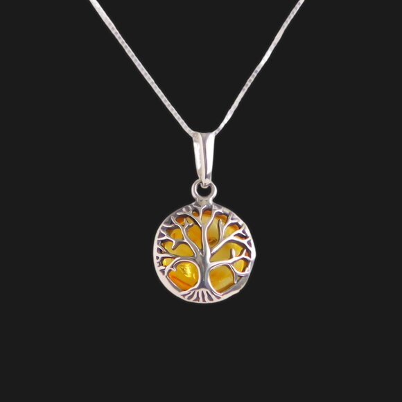 Jurate Amber Jewelry - Baltic Amber Sleepy Hallow Gothic Tree Pendant Necklace in 925 Sterling Silver